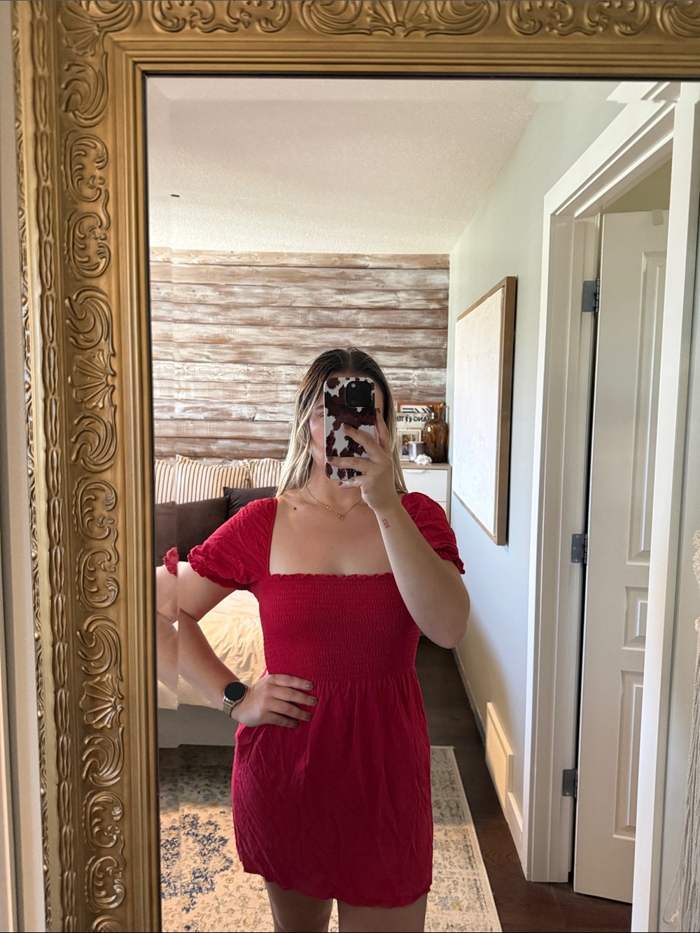 Stradivarius Red Puff-Sleeve Mini Dress